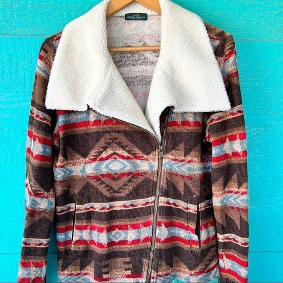 RALPH LAUREN JEANS SHERPA COLLAR NATIVE PRINT LIGHTWEIGHT ZIP JACKET SIZE MEDIUM - Picture 1 of 15
